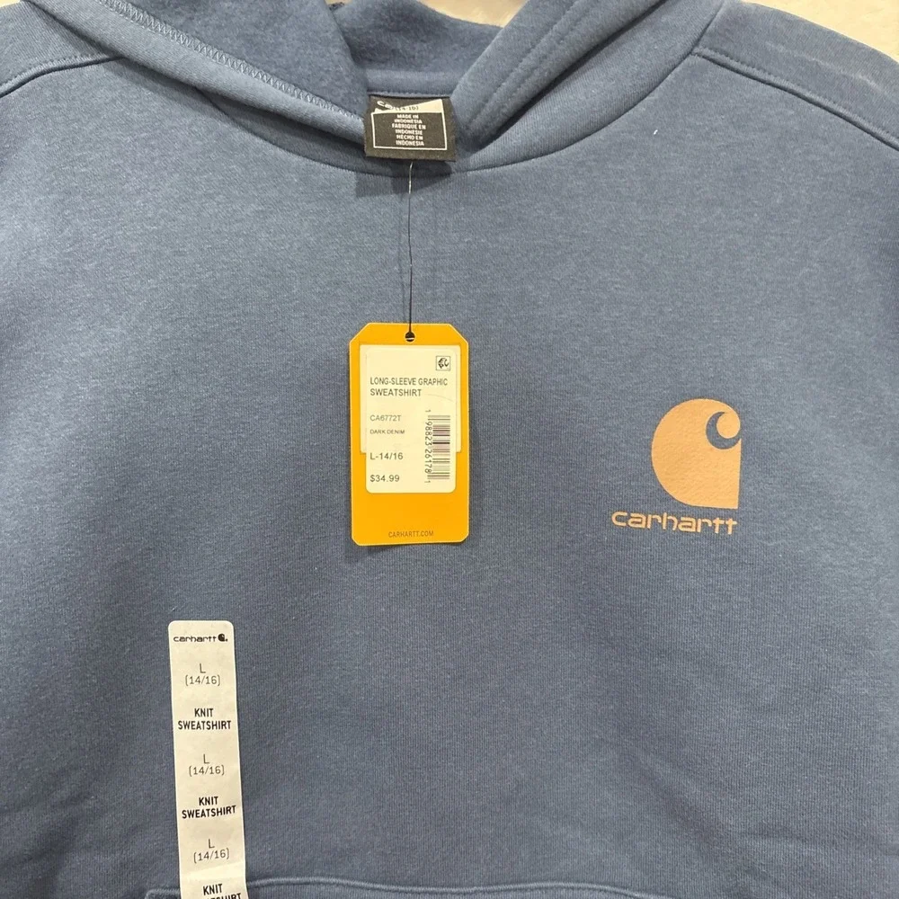 carhartt pullover sweatshirt, Youth Large, Steel Blue With Graphic Logo